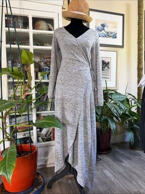 Women's Gray Wrap Maxi Dress - Soft Knit Long Sleeve